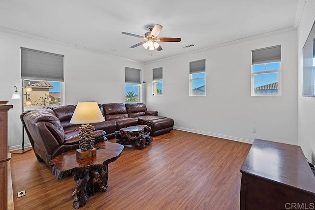 1837 Ashley Ave, Chula Vista, CA 91913 - living room with ceiling fan, crown molding, plenty of natural light, and wood finished floors