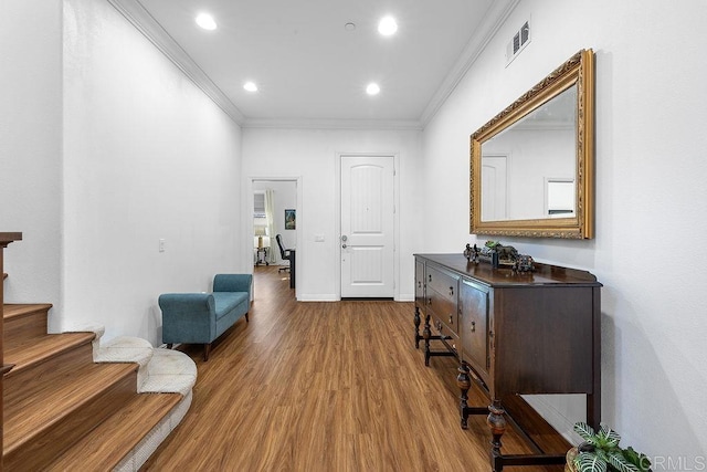 1837 Ashley Ave, Chula Vista, CA 91913 - hall featuring ornamental molding, wood finished floors, stairs, and recessed lighting