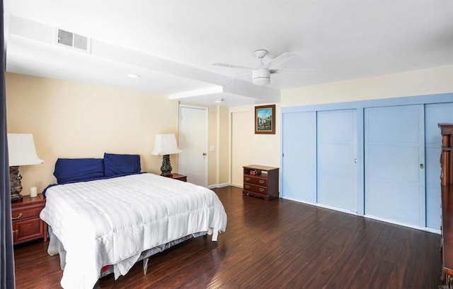 2045 W Clover Ave, Anaheim, CA 92801 - bedroom with dark wood finished floors, multiple closets, and ceiling fan