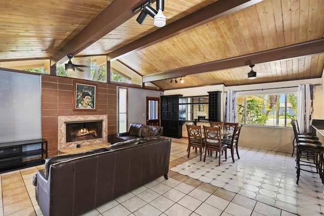 2045 W Clover Ave, Anaheim, CA 92801 - tiled living area featuring a ceiling fan, wooden ceiling, and a premium fireplace