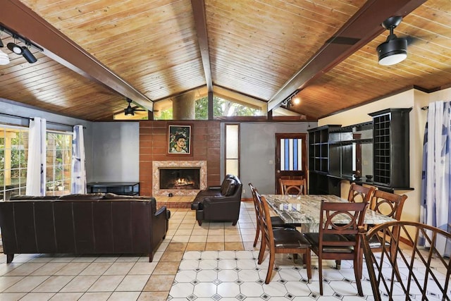2045 W Clover Ave, Anaheim, CA 92801 - dining space with wood ceiling, a brick fireplace, and light tile patterned flooring