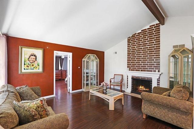2045 W Clover Ave, Anaheim, CA 92801 - living area featuring wood finished floors, beamed ceiling, a brick fireplace, and high vaulted ceiling