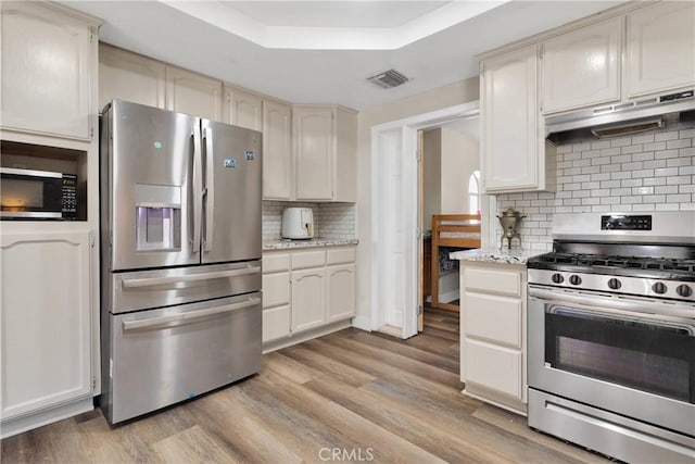 10325 Sheep Creek Rd, Phelan, CA 92371 - kitchen featuring appliances with stainless steel finishes, under cabinet range hood, a raised ceiling, light wood-type flooring, and backsplash