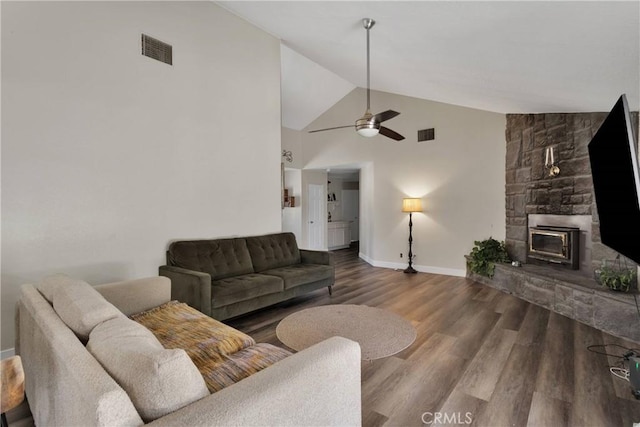10325 Sheep Creek Rd, Phelan, CA 92371 - living area with a ceiling fan, wood finished floors, a fireplace, and high vaulted ceiling