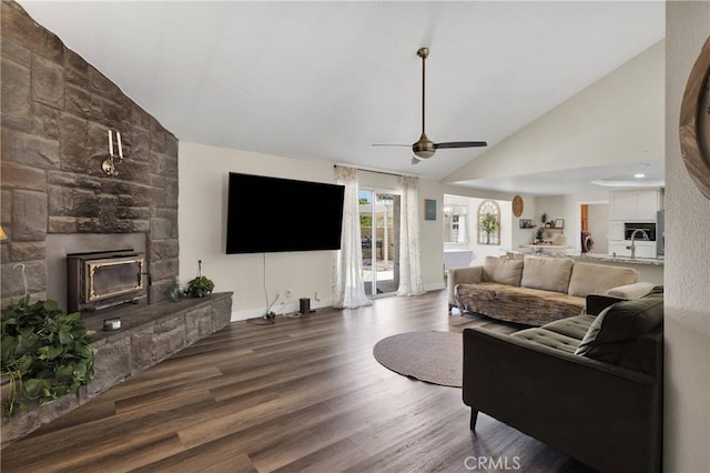 10325 Sheep Creek Rd, Phelan, CA 92371 - living area featuring a fireplace, ceiling fan, wood finished floors, and high vaulted ceiling