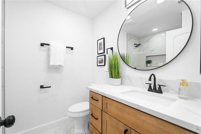 9554 Bickley Dr Unit 8, Huntington Beach, CA 92646 - bathroom with vanity, marble finish flooring, a marble finish shower, and recessed lighting
