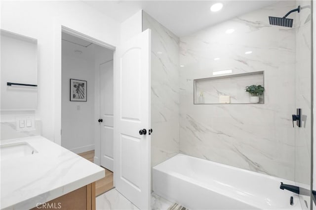 9554 Bickley Dr Unit 8, Huntington Beach, CA 92646 - bathroom featuring vanity, marble finish flooring, bathing tub / shower combination, and recessed lighting