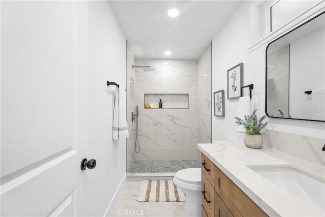 9554 Bickley Dr Unit 8, Huntington Beach, CA 92646 - full bathroom with marble look tiles, recessed lighting, vanity, and a marble finish shower