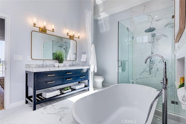 1310 Gates Ave, Manhattan Beach, CA 90266 - bathroom with marble look tiles, a freestanding tub, double vanity, and a marble finish shower