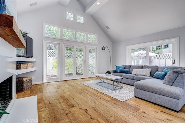 1310 Gates Ave, Manhattan Beach, CA 90266 - living room featuring high vaulted ceiling and hardwood / wood-style floors