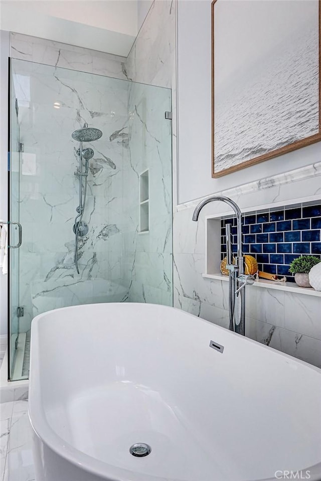 1310 Gates Ave, Manhattan Beach, CA 90266 - full bath with a marble finish shower, marble finish floors, and a soaking tub