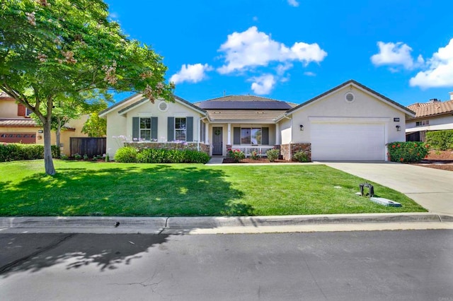 10576 Pinion Trl, Escondido, CA 92026 - ranch-style house with stucco siding, roof mounted solar panels, covered porch, a garage, and concrete driveway