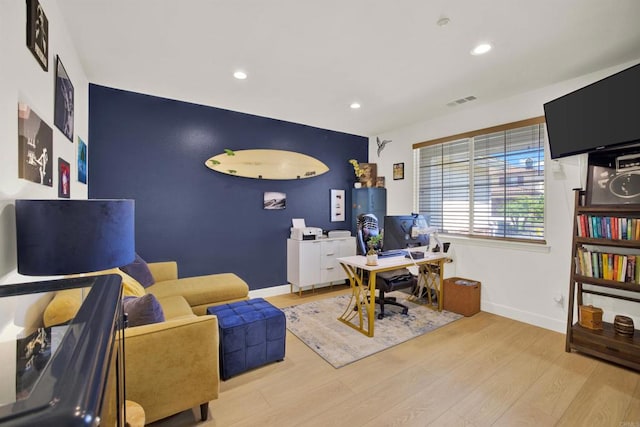 10576 Pinion Trl, Escondido, CA 92026 - office space with light wood-style floors, recessed lighting, and an accent wall