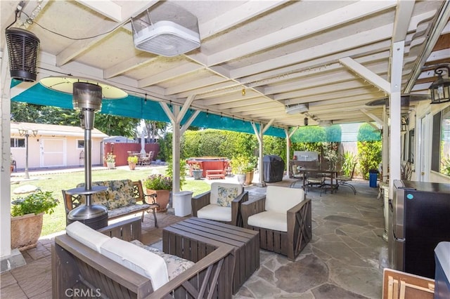 6843 Penfield Ave, Winnetka, CA 91306 - view of patio / terrace featuring a hot tub, outdoor dining area, an outdoor hangout area, and a grill