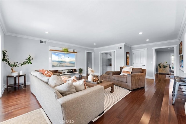 1780 N Mockingbird Pl, Orange, CA 92867 - living room featuring dark wood-style flooring, recessed lighting, and ornamental molding