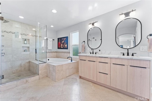 1780 N Mockingbird Pl, Orange, CA 92867 - full bath with a bath, double vanity, a stall shower, recessed lighting, and tile patterned flooring