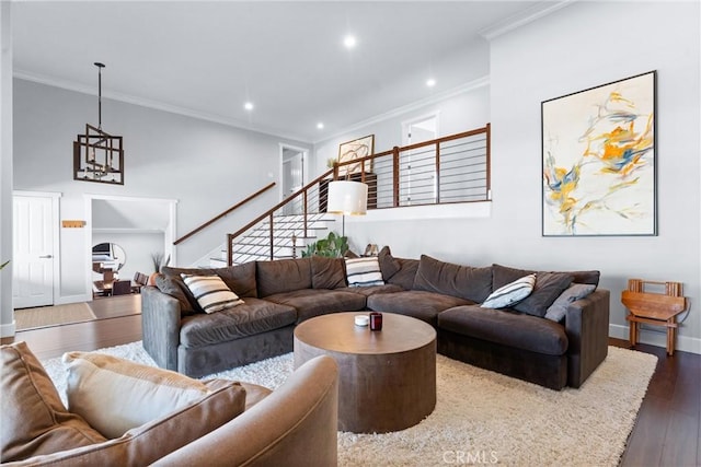 1780 N Mockingbird Pl, Orange, CA 92867 - living area featuring stairway, crown molding, wood finished floors, recessed lighting, and a chandelier