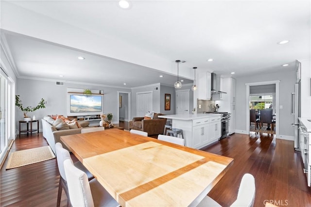 1780 N Mockingbird Pl, Orange, CA 92867 - dining space featuring recessed lighting, dark wood-style flooring, and ornamental molding