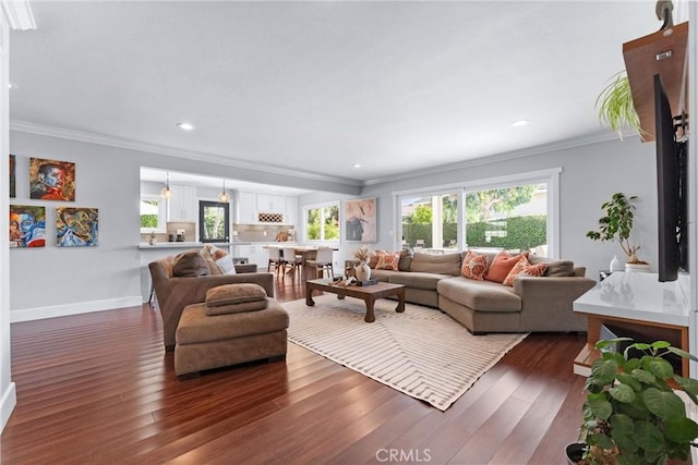 1780 N Mockingbird Pl, Orange, CA 92867 - living room with crown molding, dark wood-type flooring, and recessed lighting