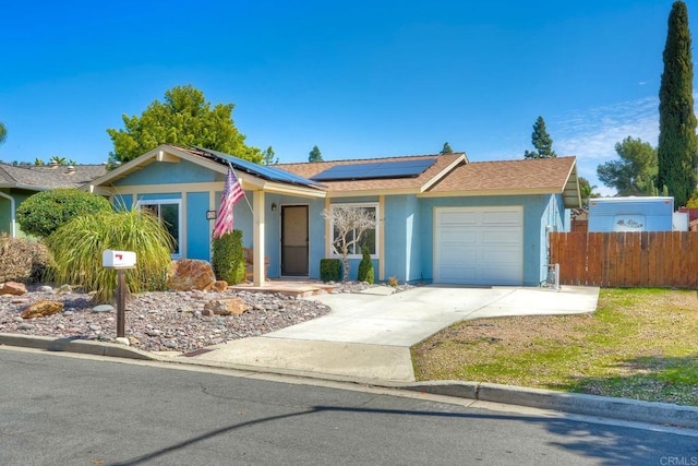 826 Laurelwood Ct, San Marcos, CA 92069 - ranch-style home with stucco siding, a garage, concrete driveway, and solar panels