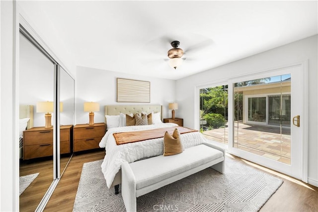 18701 Paseo Cortez, Irvine, CA 92603 - bedroom featuring access to exterior, light wood-type flooring, a closet, and ceiling fan