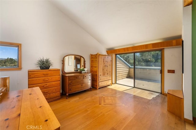 1505 Tiffany Ranch Rd, Arroyo Grande, CA 93420 - bedroom with access to outside, light wood finished floors, and high vaulted ceiling