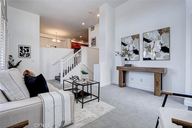 5410 W 149th Pl Unit 12, Hawthorne, CA 90250 - carpeted living room with a chandelier, stairway, and recessed lighting