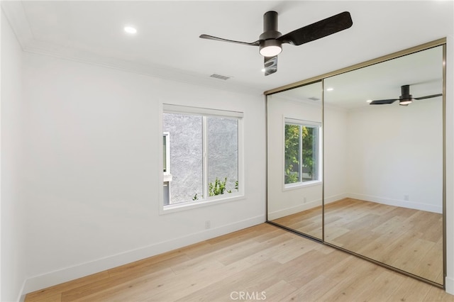 72 Eagle Unit 38, Irvine, CA 92604 - unfurnished bedroom featuring ornamental molding, a closet, light wood-style floors, ceiling fan, and recessed lighting
