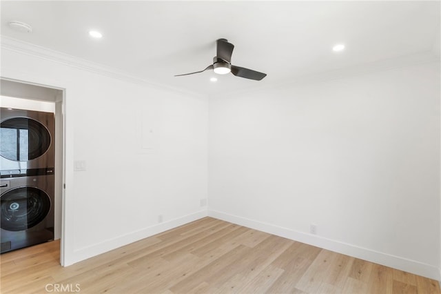 72 Eagle Unit 38, Irvine, CA 92604 - unfurnished room featuring stacked washer / dryer, ceiling fan, crown molding, light wood-style floors, and recessed lighting