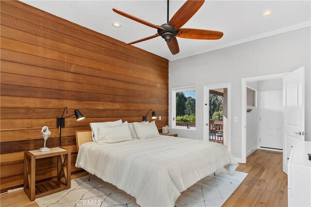 390 Saint Anns Dr, Laguna Beach, CA 92651 - bedroom with access to outside, recessed lighting, ornamental molding, light wood finished floors, and ceiling fan