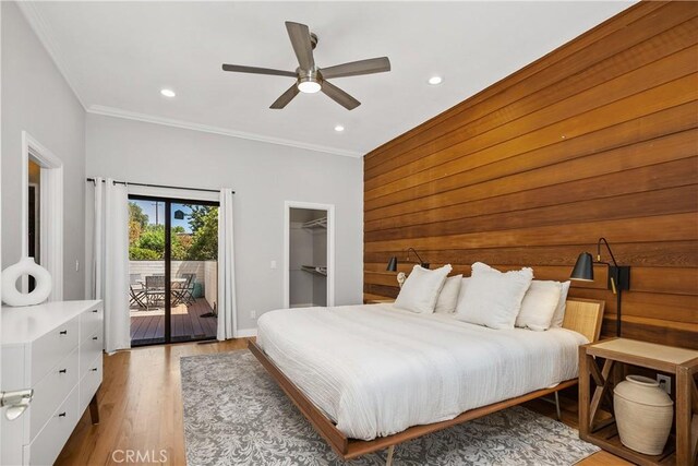 390 Saint Anns Dr, Laguna Beach, CA 92651 - bedroom with access to outside, crown molding, light wood finished floors, recessed lighting, and a ceiling fan