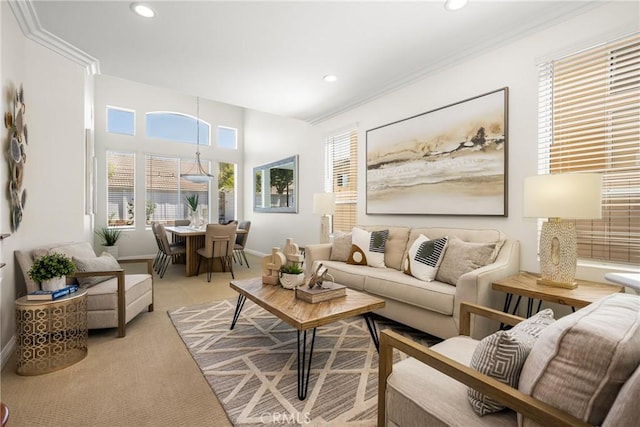 17 Marseille Way, Lake Forest, CA 92610 - living room with light carpet, recessed lighting, and crown molding
