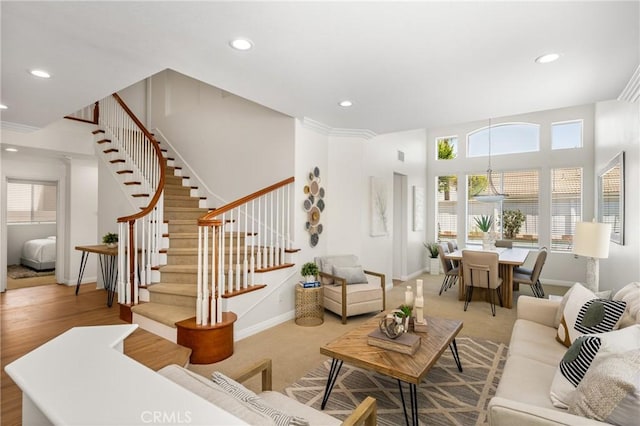 17 Marseille Way, Lake Forest, CA 92610 - living room with recessed lighting, stairs, and carpet floors