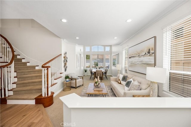 17 Marseille Way, Lake Forest, CA 92610 - carpeted living area featuring stairs, recessed lighting, and ornamental molding