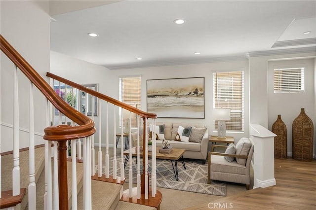 17 Marseille Way, Lake Forest, CA 92610 - living area with stairs, recessed lighting, crown molding, and wood finished floors
