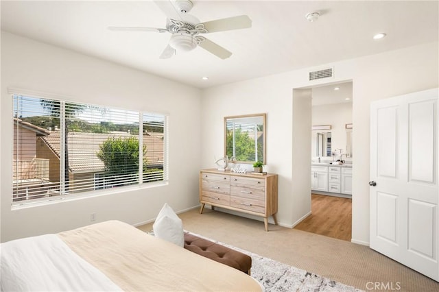 17 Marseille Way, Lake Forest, CA 92610 - bedroom featuring light carpet, ensuite bath, ceiling fan, and recessed lighting