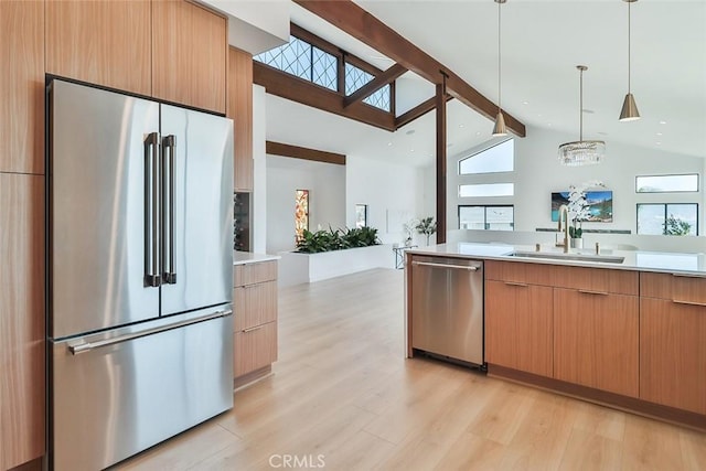 1369 Paseo Redondo, Burbank, CA 91501 - kitchen with appliances with stainless steel finishes, modern cabinets, light countertops, light wood-type flooring, and high vaulted ceiling