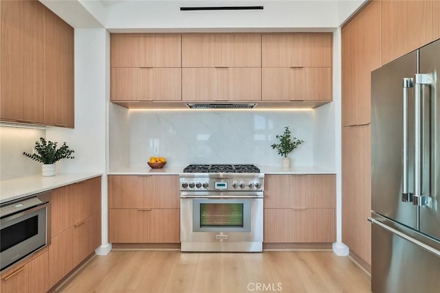 1369 Paseo Redondo, Burbank, CA 91501 - kitchen with high quality appliances, modern cabinets, light wood-type flooring, light countertops, and backsplash