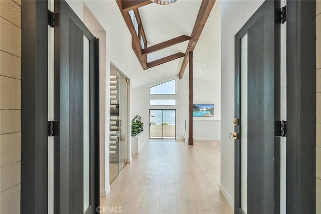 1369 Paseo Redondo, Burbank, CA 91501 - foyer entrance with beam ceiling, high vaulted ceiling, and light wood finished floors