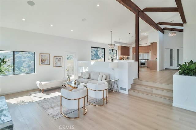 1369 Paseo Redondo, Burbank, CA 91501 - living room featuring light wood-style flooring, beamed ceiling, recessed lighting, and high vaulted ceiling