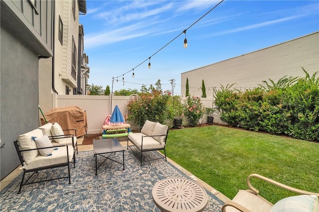516 Caleigh Ln, Costa Mesa, CA 92627 - fenced backyard featuring an outdoor hangout area, a patio, and grilling area