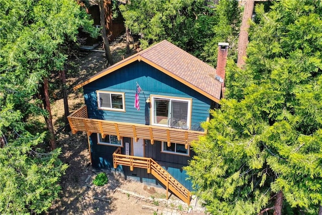 698 W Victoria Ct, Lake Arrowhead, CA 92352 - rustic home featuring stairway, a chimney, and a deck