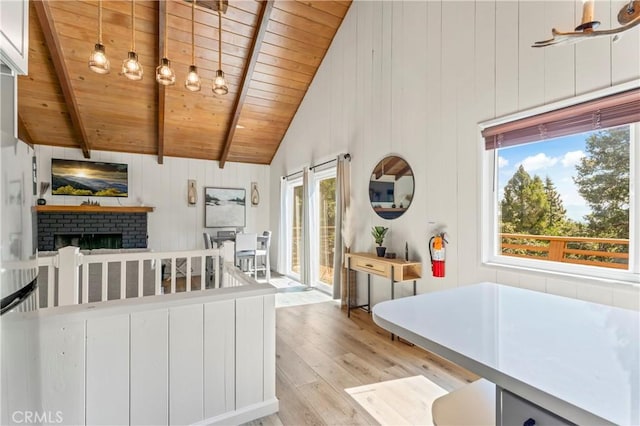 698 W Victoria Ct, Lake Arrowhead, CA 92352 - kitchen featuring wooden ceiling, light wood-style floors, a brick fireplace, white cabinetry, and wooden walls