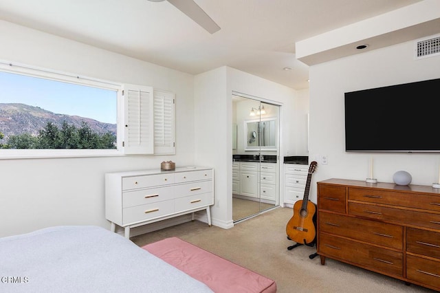 18845 Braemore Rd, Porter Ranch, CA 91326 - bedroom featuring light carpet, ensuite bathroom, ceiling fan, and a mountain view