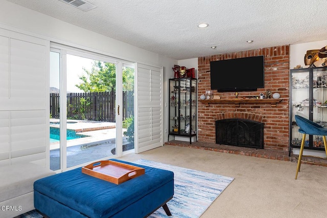18845 Braemore Rd, Porter Ranch, CA 91326 - carpeted living area featuring a textured ceiling and a brick fireplace