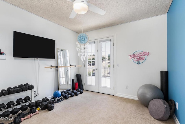 18845 Braemore Rd, Porter Ranch, CA 91326 - workout room featuring french doors, carpet, ceiling fan, and a textured ceiling