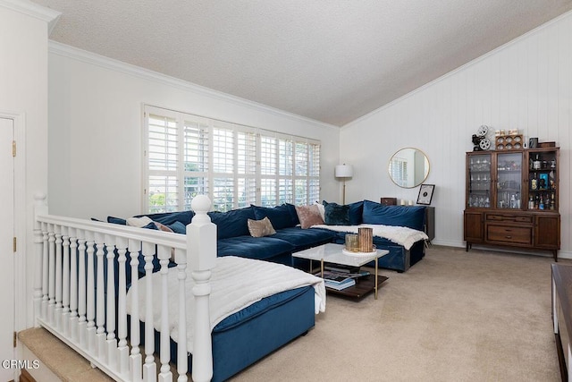 18845 Braemore Rd, Porter Ranch, CA 91326 - carpeted bedroom featuring ornamental molding, vaulted ceiling, and a textured ceiling