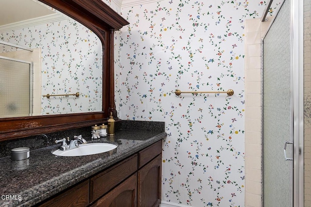 18845 Braemore Rd, Porter Ranch, CA 91326 - bathroom with wallpapered walls, a stall shower, vanity, and crown molding