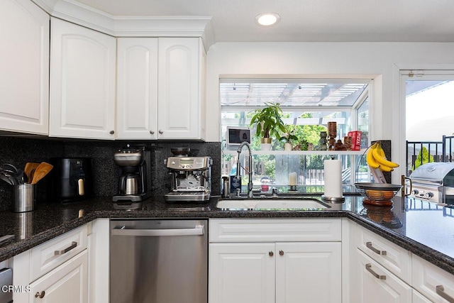 18845 Braemore Rd, Porter Ranch, CA 91326 - kitchen featuring dishwasher, white cabinetry, dark stone counters, backsplash, and recessed lighting
