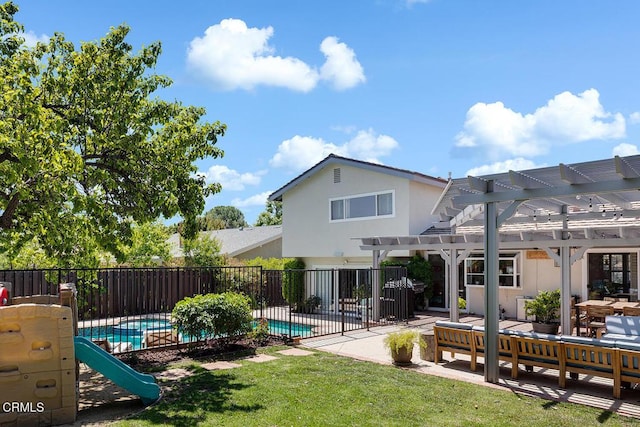 18845 Braemore Rd, Porter Ranch, CA 91326 - rear view of property featuring a pergola, stucco siding, a patio, and outdoor lounge area